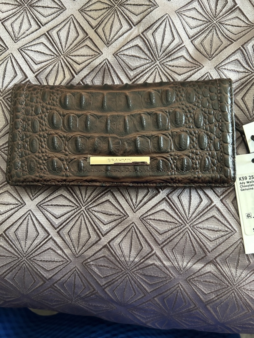 Brahmin Chocolate Croc-Embossed Wallet with Gold Plaque